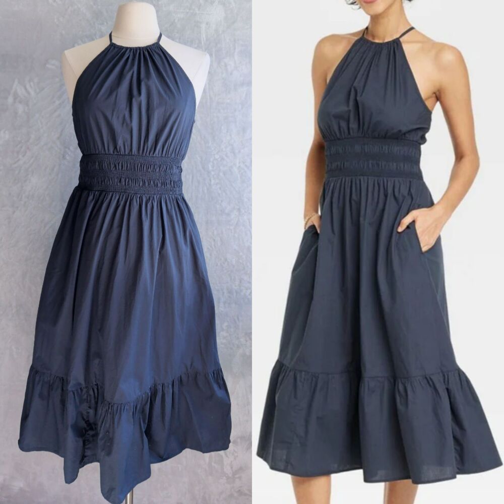 A NEW DAY Navy Blue Poplin Halter Midi Dress Size M Smocked Ruffle Pockets India